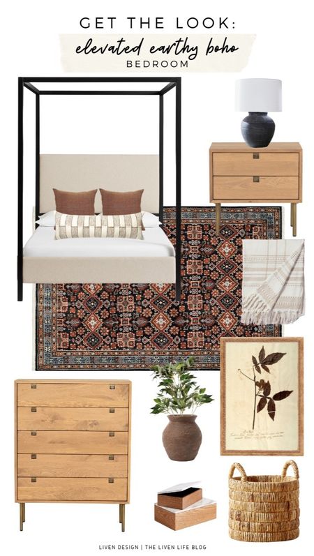 Earthy bedroom decor. home decor. Boho. Tribal rug. Handwoven rug. Lumbar pillow. rust pillow. Neutral decor. throw blanket. Nightstand. Dresser. botanical art. 

#LTKSeasonal #LTKHome #LTKStyleTip