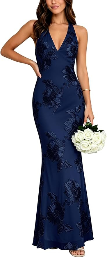 firfig Womens Summer Halter V Neck Sleeveless Floral Maxi Dress 2026 Bodycon Mesh Wedding Guest C... | Amazon (US)