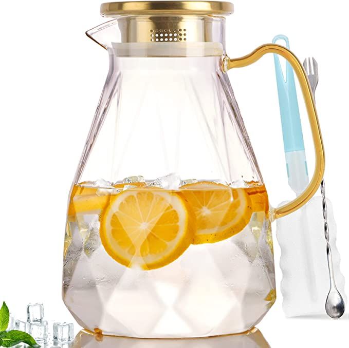 Yirilan Glass Pitcher,74oz/2.2 Liter Water Pitcher with Lid,Beverage Serveware,Iced Tea Pitcher,W... | Amazon (US)