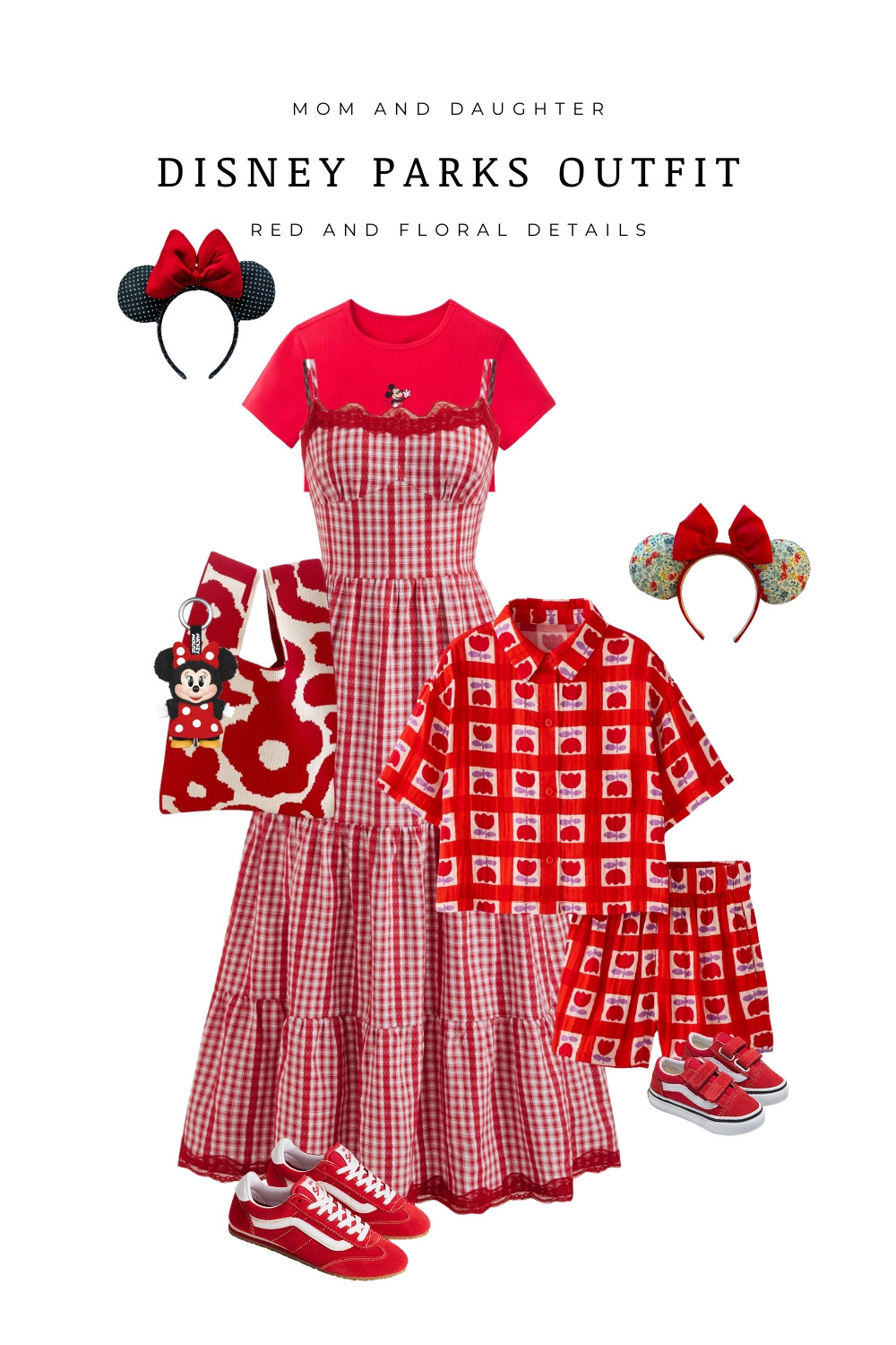  

Mom and daughter Disney parks outfit idea with red gingham and floral details. The mom look features a red tee layered under a gingham dress with classic Minnie ears, red sneakers, and a patterned tote. The matching kids outfit includes a red floral print set with Minnie ears and red sneakers for a coordinated Disney park day look.

 

#LTKootd #LTKTravel #LTKKids