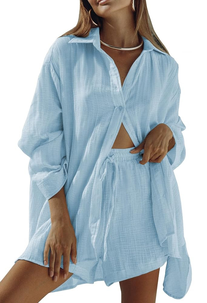 Fixmatti Women 2 Piece Outfits Long Sleeve Button Down Blouse and Shorts Sweatsuit Sets | Amazon (US)