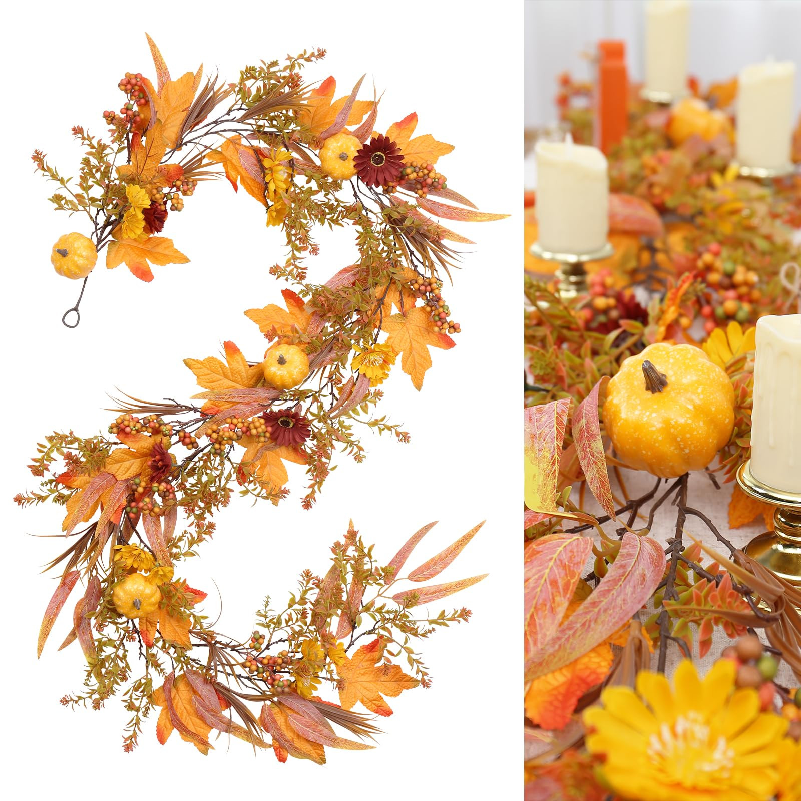 Fall Garland, 6.56FT Fall Artificial Berries Pumpkin Maple Leaf Garland Decor, for Home Autumn Ha... | Amazon (US)