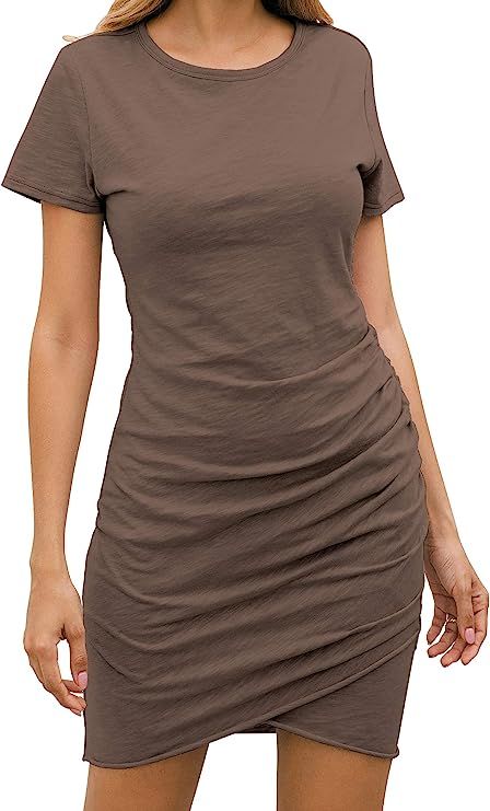 BTFBM Women's 2021 Casual Crew Neck Short Sleeve Ruched Stretchy Bodycon T Shirt Short Mini Dress | Amazon (US)