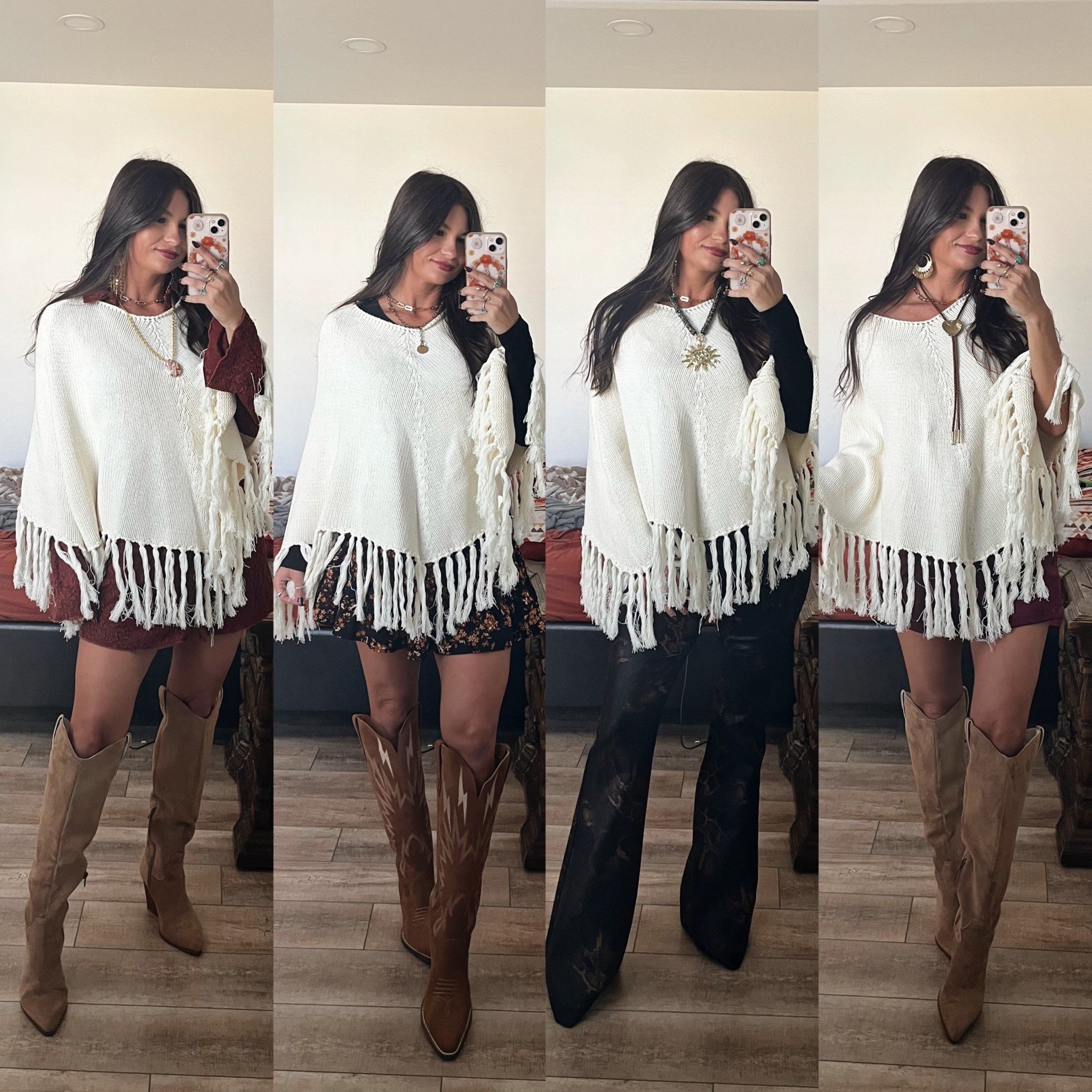 Ivory fringe sweater poncho 4 ways! Literally can be worn over anything 😍

Snake pants - LORI20
Sun necklace/pendant - LORI20
Dingo boots - LORI

#LTKPetite #LTKShoeCrush #LTKSeasonal