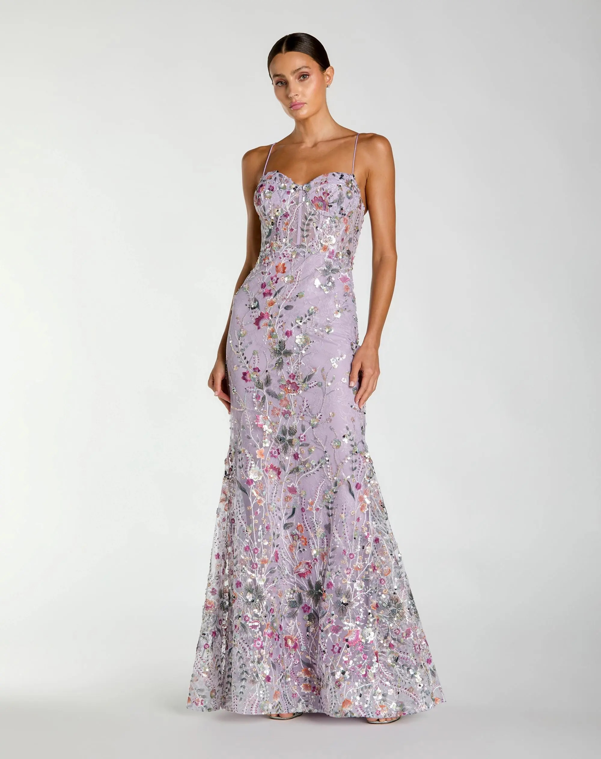 Mac Duggal - Purple Spaghetti Strap Floral Embroidered Trumpet Gown - Lilac Multi / US 6 | Mac Duggal
