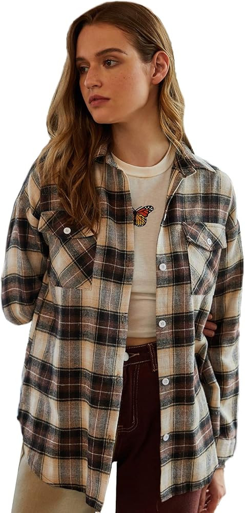 SweatyRocks Women's Long Sleeve Collar Long Button Down Plaid Shirt Blouse Tops | Amazon (US)