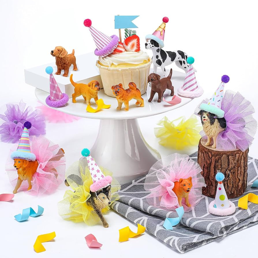 Weysat 27 Pcs Dog Cake Topper Animals Figures Birthday Party Decorations with Mini Hat with Pom P... | Amazon (US)