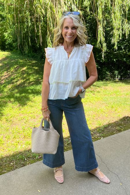 Such a feminine look. 
Love these wide leg jeans from Spanx 
Code LISAXSPANX (wearing small)
Top from Avara, code COAST15 
The CUTEST shoes ALAWAYS get compliments and they’re comfy 

#LTKOver40 #LTKFindsUnder100 #LTKShoeCrush