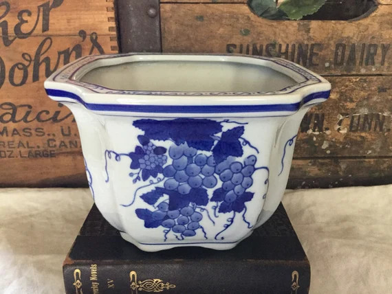 Vintage Chinoiserie Blue and White Planter / Flower Orchid Pot / Grapes | Etsy (US)
