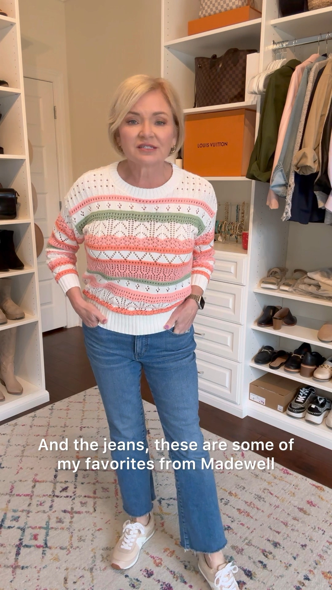 Here's my casual Spring outfit if the day! When I don't know what to wear, I usually grab some jeans and a top/sweater. Love the colors in this pointelle sweater, and the tan sneakers are perfect with casual outfits. 
Spring outfit 
Casual outfit
Jeans
Sweater
Sneakers
Petite
Over 50

Wearing Petite Small sweater and 27 jeans  

#LTKVideo #LTKstyletip #LTKover40