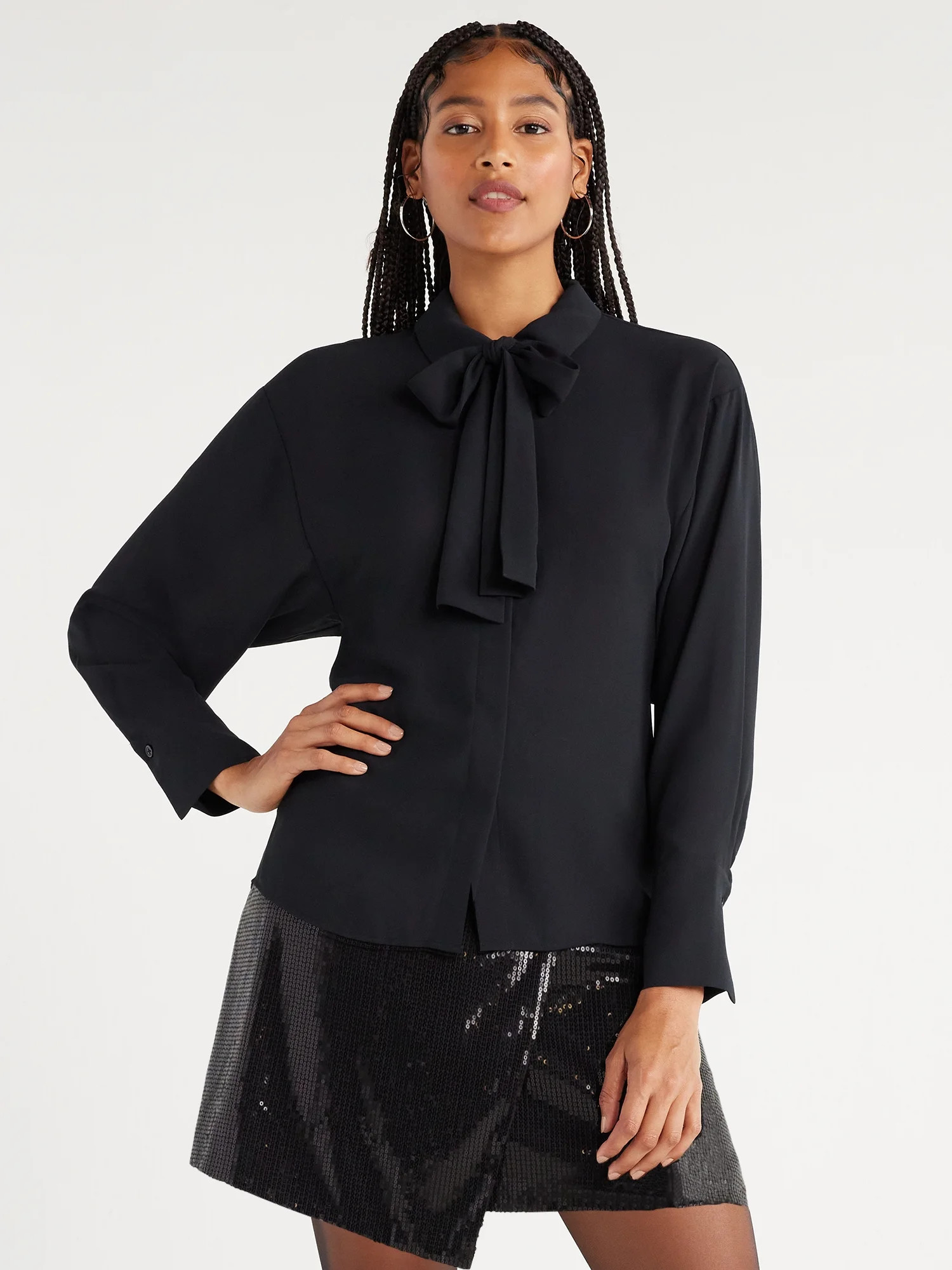 Scoop Women's Tie Neck Shirt with Long Sleeves, XS-XXL | Walmart (US)