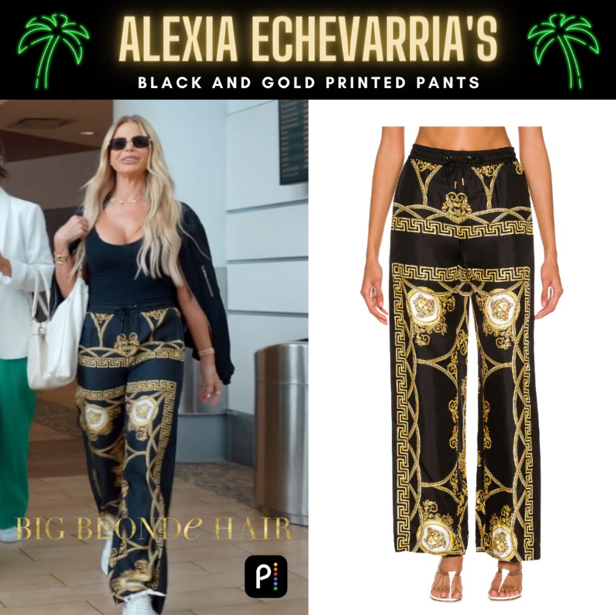 Print Stint // Get Details On Alexia Echevarria’s Black and Gold Printed Pants With The Link In Our Bio #RHOM #AlexiaEchevarria 