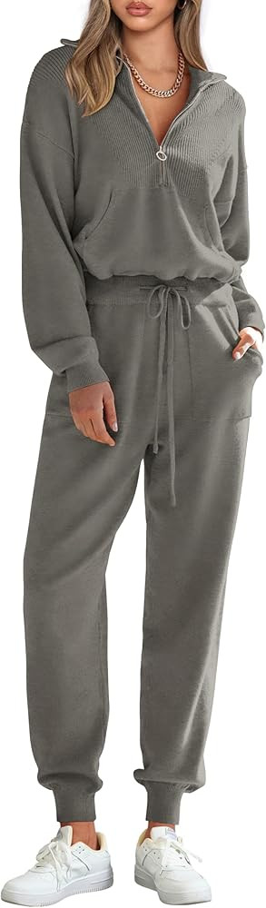 PRETTYGARDEN Women's 2 Piece Sweater Set Pullover Zip Up Sweatshirt Jogger Sweatpants Tracksuit C... | Amazon (US)