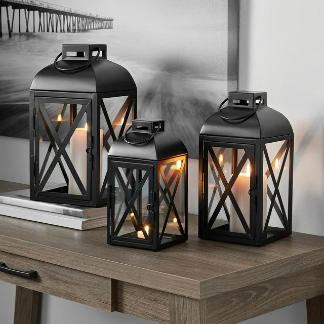 Mainstays 14" Decorative Black Metal Pillar Candle Holder Lantern, Large | Walmart (US)