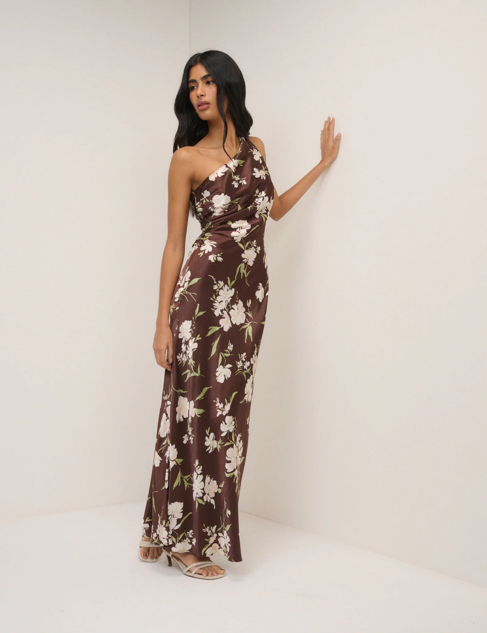 Chocolate Brown Floral One Shoulder Sloane Maxi Dress | Nobody's Child