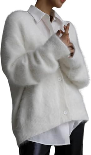 Arssm Womens Fuzzy Cardigan Sweater Long Sleeve Cardigans Button Down V Neck Fluffy Knit Top Fashion 2025 Knitwear(White-S) | Amazon (US)