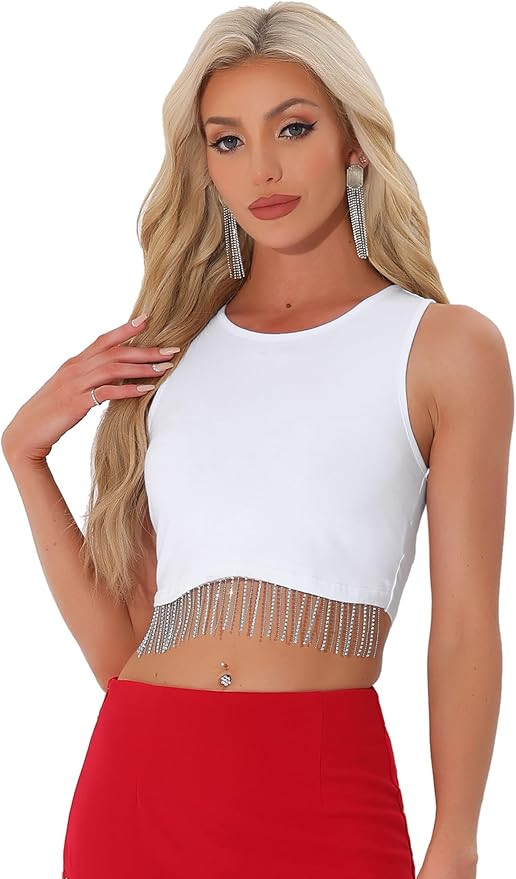 Allegra K Fringe Tops for Women's Y2K Raceback Top Sleeveless Sparkly Glitter Tassel Tank Crop Rh... | Amazon (US)
