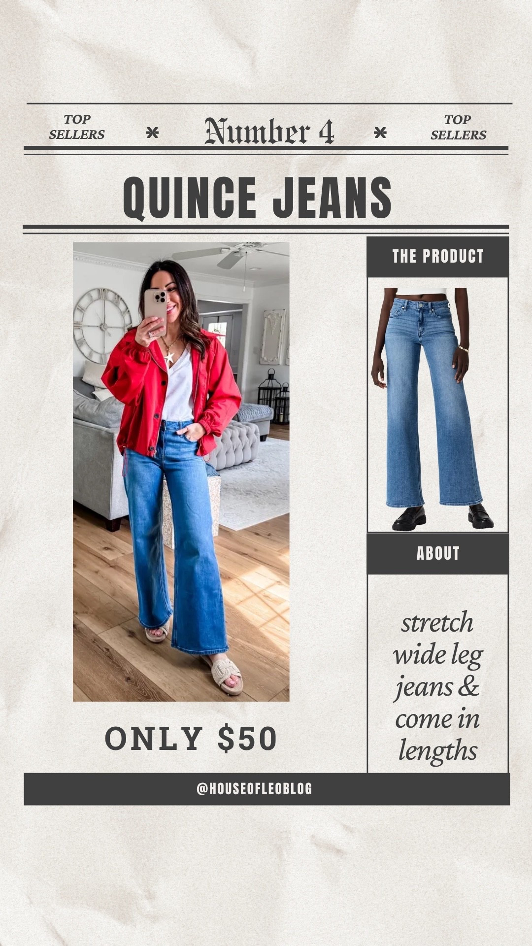 Wide leg jeans, 25. Red spring jacket small. Quince jeans 

#LTKOver40 #LTKPetite