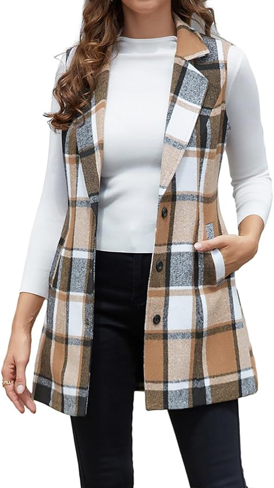 IDEALSANXUN Plaid Vest for Women Fall Winter Sleeveless Blazer Jackets | Amazon (US)