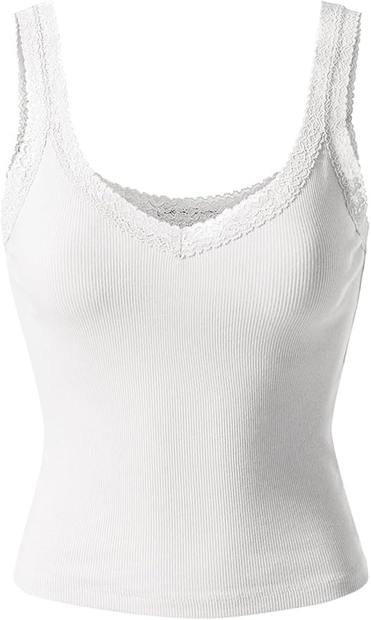 MixMatchy Women's Lace Camisole Tank Tops V Neck Wide Strap Soft Stretch Ribbed Cami Undershirts | Amazon (US)
