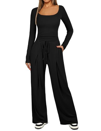 Lingswallow Women's 2 Piece Lounge Sets Fall Ribbed Knit Square Neck Long Sleeve Crop Tops Wide Leg Pants Woman Casual Outfits Tracksuit Black | Amazon (US)