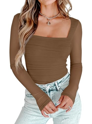 AGECODE Women's Square Neck Mesh Long Sleeve Bodysuit Shirts Ruched Body Suit Leotard Tops Brown Large | Amazon (US)