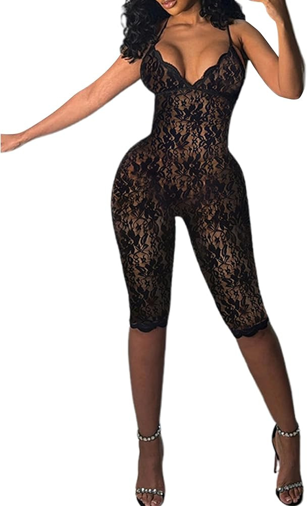Women Lace Lingerie Jumpsuits Solid Color Sleeveless Deep V-Neck Sheer Bodycon Back Cross Sleepwe... | Amazon (US)