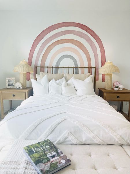 Hobo Bedroom Design with Rainbow wall art decal, white bedding and mushroom light.

#LTKhome #LTKstyletip