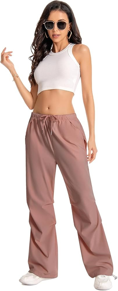 Parachute Pants for Woman Baggy Cargo Pants Drawstring Elastic Waist Y2K Causal Trousers with 4 P... | Amazon (US)