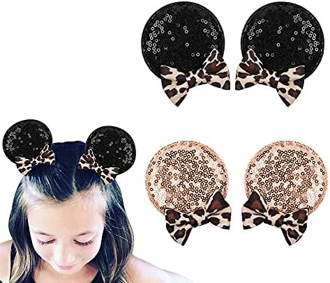 JIAHANG Leopard Mouse Ears Clips 2 Pairs, Sequin Bow Mouse Barrettes Glitter Hair Accessories for Ba | Amazon (US)