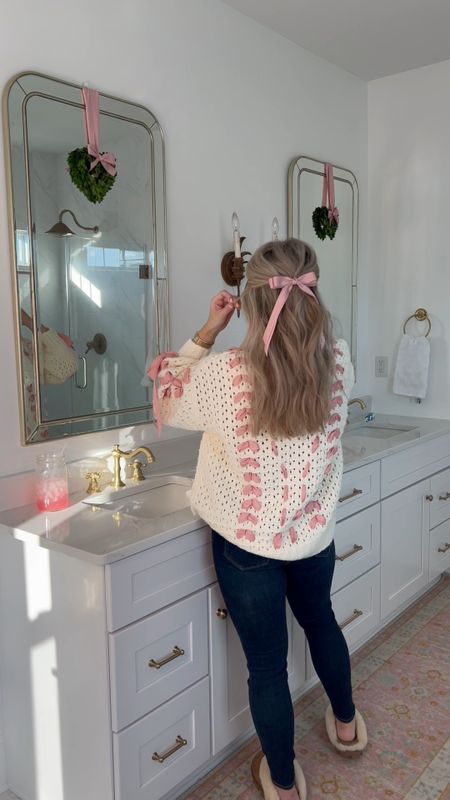 Valentine’s day outfit
Hair bow
Pink hair bow clip
Girly swirly sweater
Galentine’s day
Pink sweater
Revolve finds
Primary bathroom
Grandmillenial 
Half up hair
Grandmillenial bathroom
French decor

#LTKfindsunder100 #LTKfindsunder50 #LTKbeauty