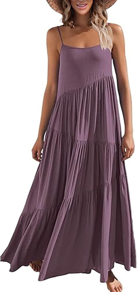 ECOWISH Women Sleeveless Maxi Dress: Summer Spaghetti Strap Casual Loose Boho Beach Dress Asymmet... | Amazon (US)