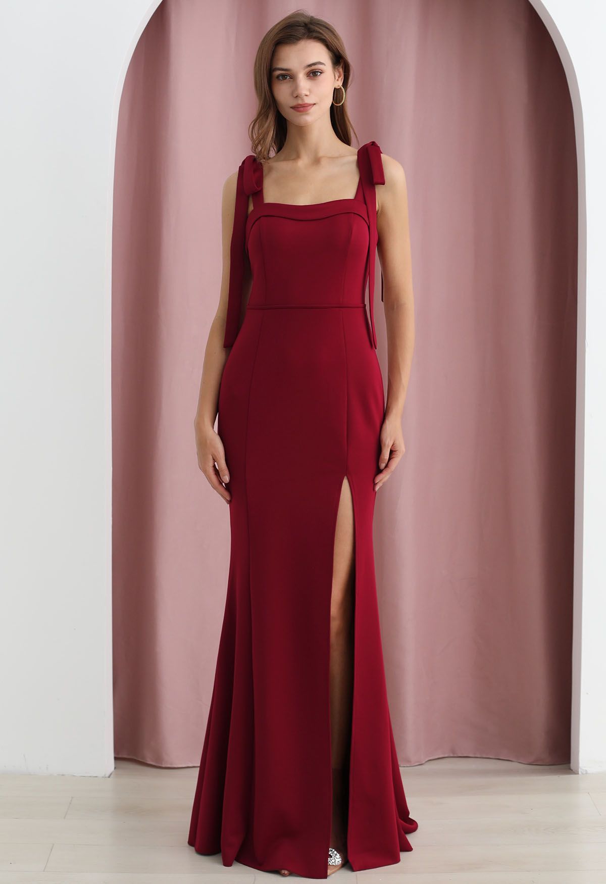 Tie-Shoulder High Slit Maxi Gown in Red | Chicwish