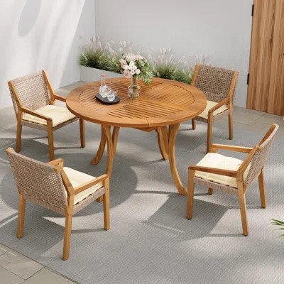 Shoreline Modern Coastal Acacia Wood Patio Dining Set With PE Wicker Chairs And Cushions | Wayfair North America