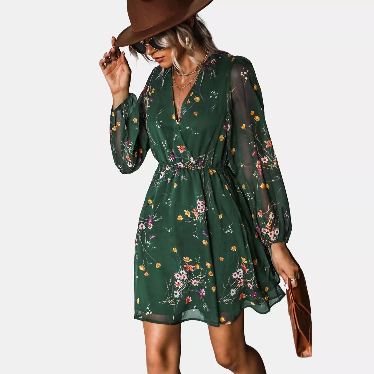 Women's Floral Long Peasant Sleeve Chiffon A-Line Mini Dress - Cupshe | Target