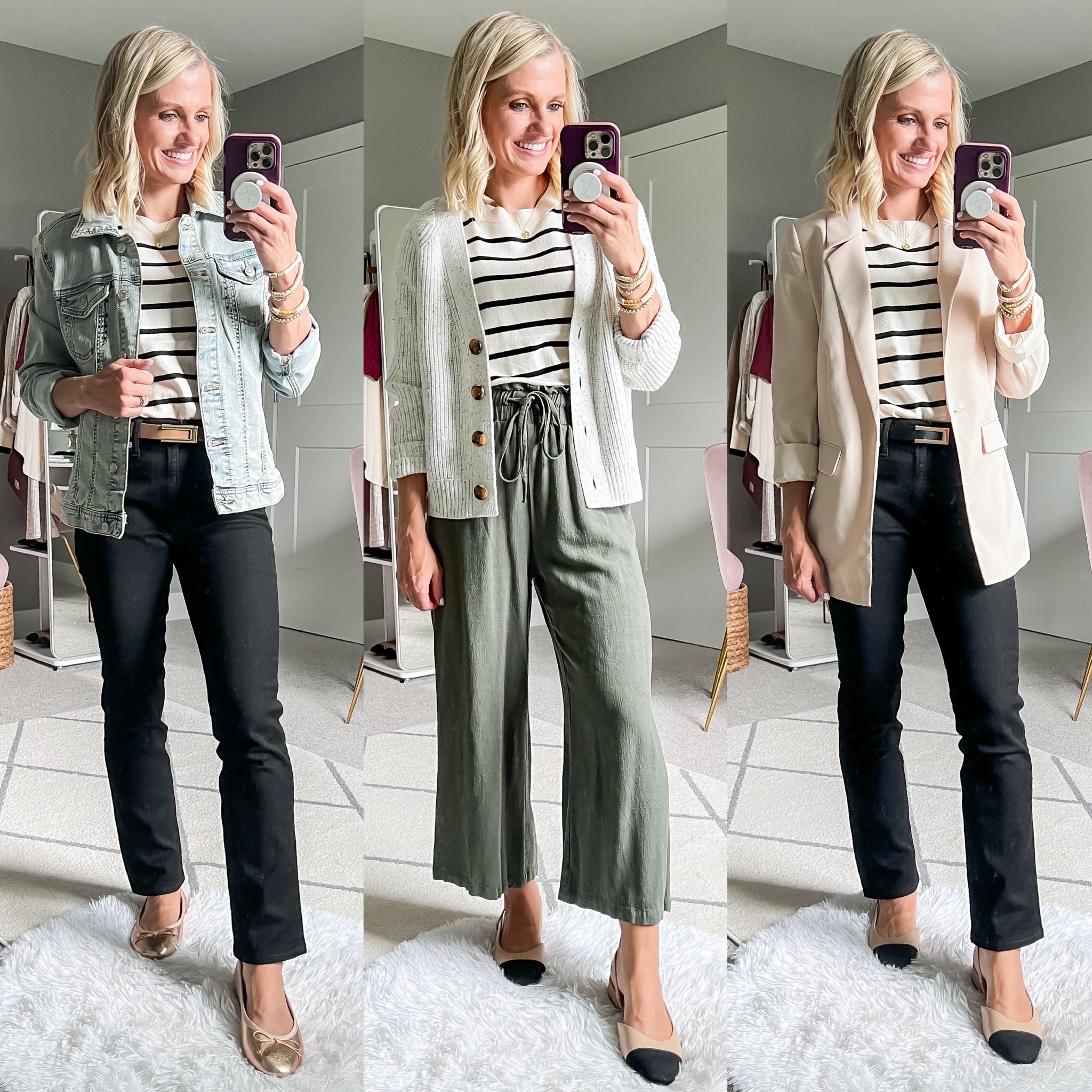 Teacher capsule wardrobe outfits! 
Top- small || denim jacket- small || cardigan- xs || blazer- xs || black jeans- 26/short || green pants- small 

#LTKWorkwear #LTKFindsUnder50 #LTKStyleTip