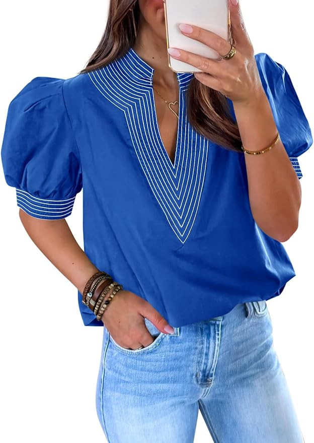 Cicy Bell Womens Puff Short Sleeve Blouses Summer Casual Dressy V Neck Contrast Stitch Tops Loose... | Amazon (US)
