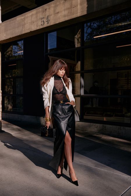 My favorite way of wearing a maxi leather skirt is with a mesh bodysuit, oversized blazer & sharp accents ✨

#LTKstyletip #LTKitbag #LTKshoecrush