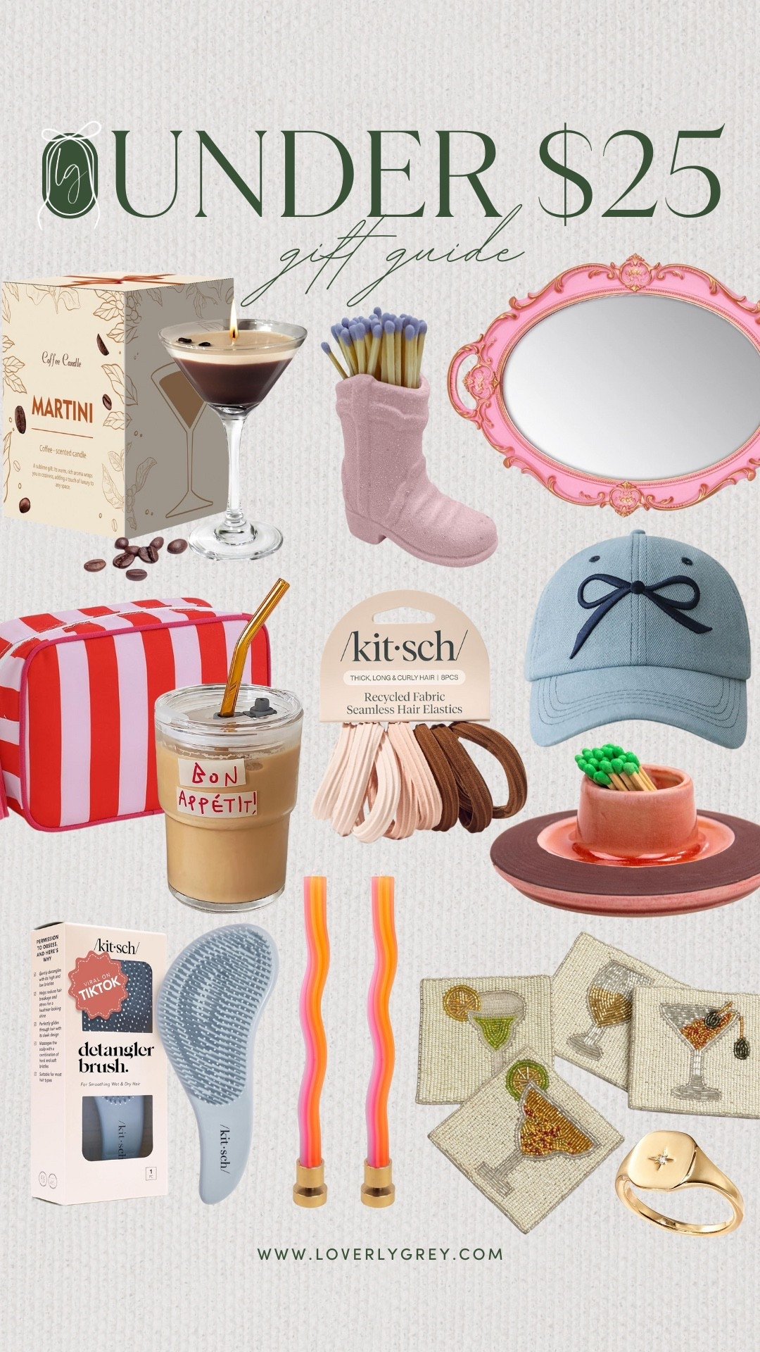 A cute gift guide full of items under $25! I love the martini glass candle, beaded coasters, and kitsch hair ties! Plus the cowboy boot match holder, striped makeup bag, and glass to-go coffee cup! 

#LTKFindsUnder50 #LTKHoliday #LTKGiftGuide