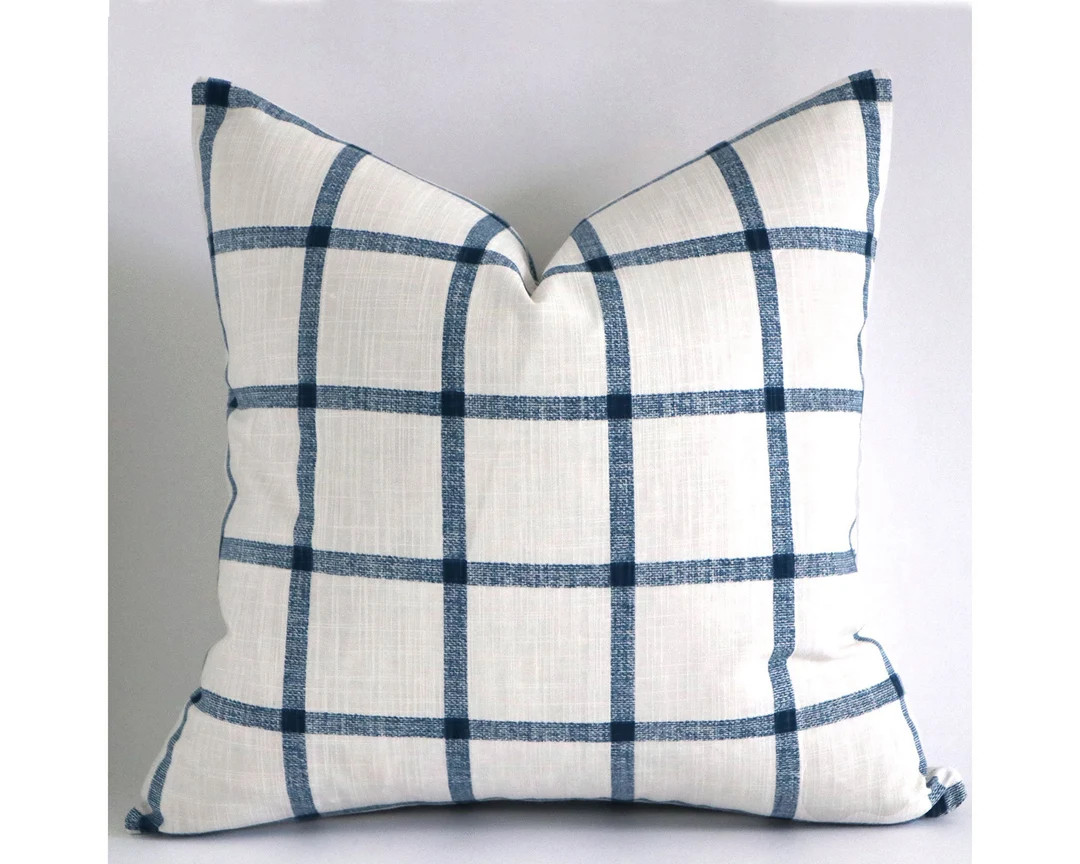 Navy Blue and White Plaid Farmhouse Pillow, Linen Texture 20x20 Inches A002 - Etsy | Etsy (US)