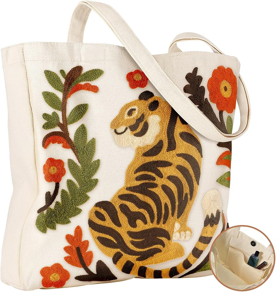 Embroidery Canvas Tote Bag for Women - Reusable Totes with Pocket & Buckle Aesthetic Cute Grocery... | Amazon (US)