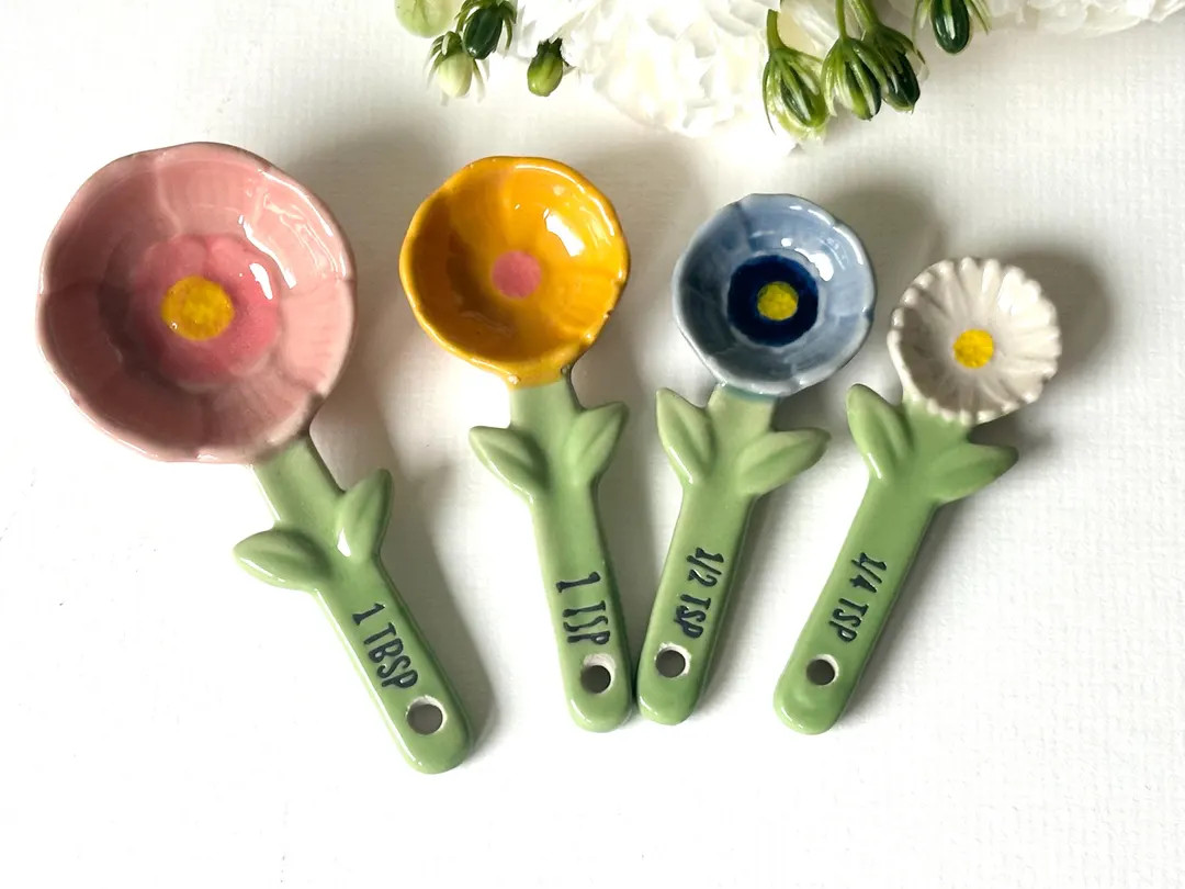 Floral Ceramic Measuring Spoons Set, Flower Shaped Measuring Spoons, Measuring Cups, Baking, Cute... | Etsy (US)