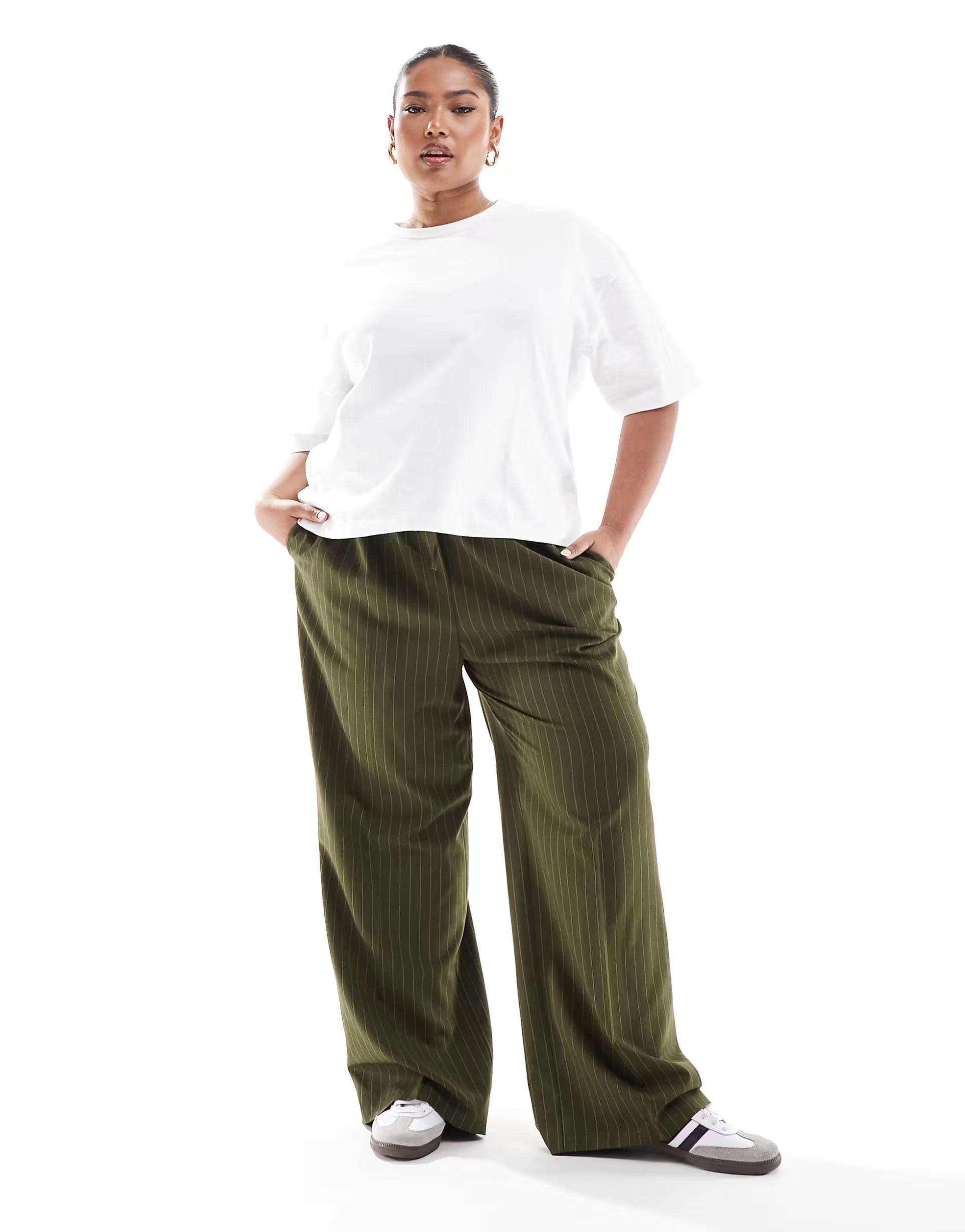 ASOS DESIGN Curve tailored pull on pants in olive stripe | ASOS (Global)