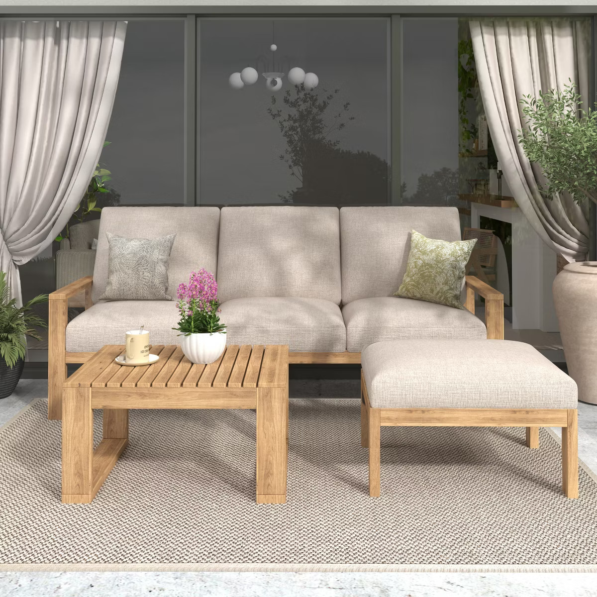 Christopher Knight Home Norman 3 Piece Outdoor Slat Design Acacia Wood Upholstered Seating Set | Target