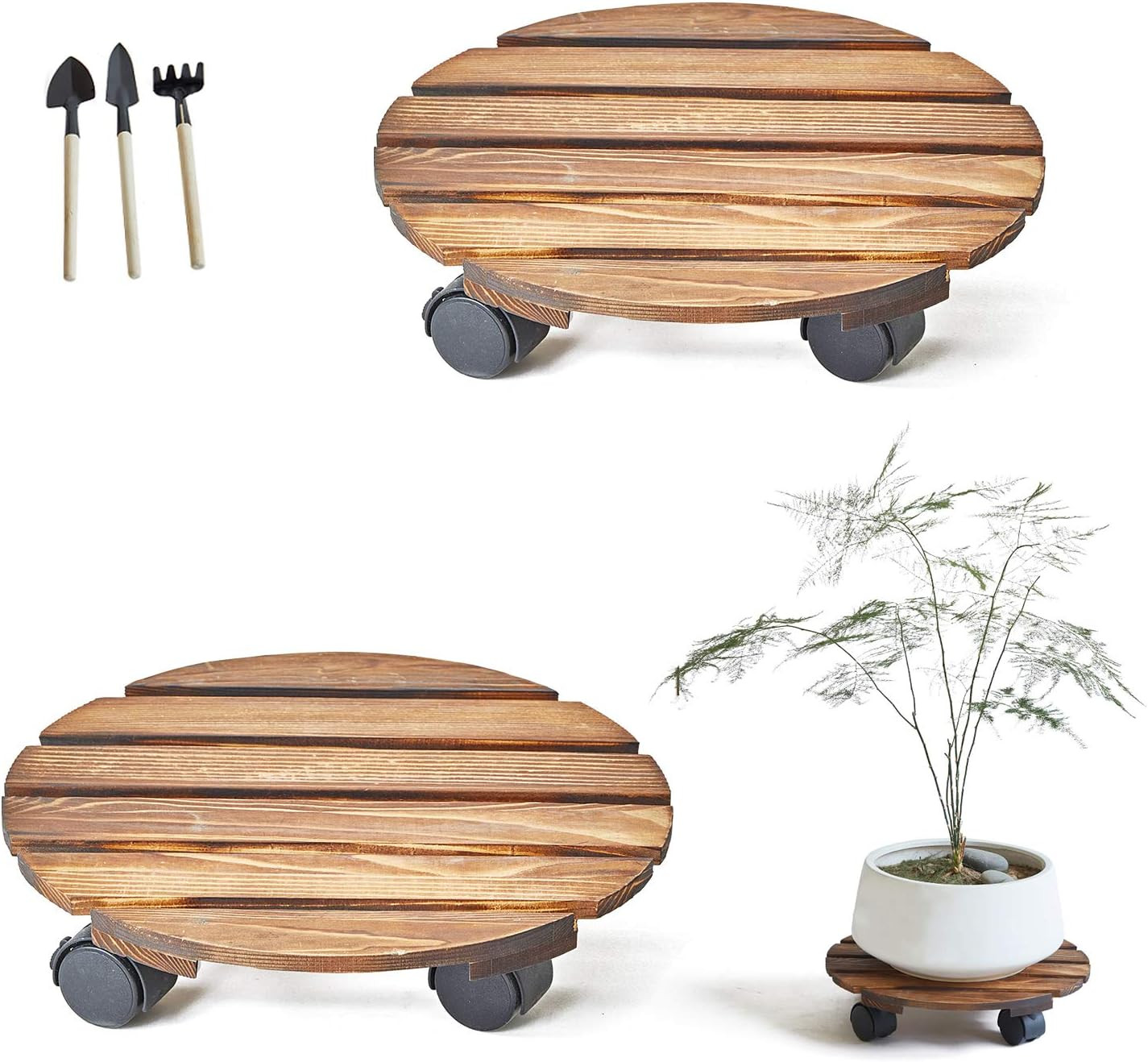 SOLTRIBUS Wood Plant Caddys Set of 2, Outdoor Caddy Indoor Plant Dolly,12 Inch Round Plant Roller... | Amazon (US)