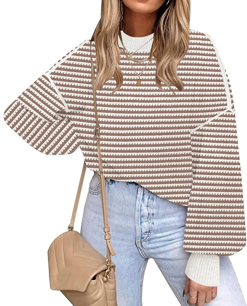 ETCYY Womens Sweaters Fall 2025 Batwing Long Sleeve Side Slit Knit Tops Crew Neck Striped Oversiz... | Amazon (US)