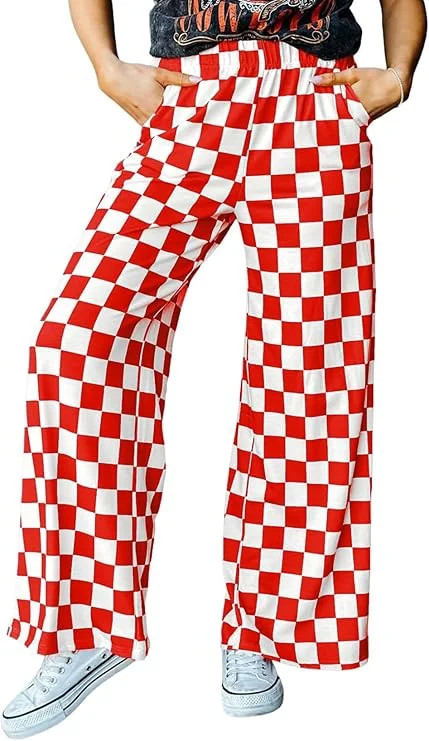 JWD Women's Checkered Wide Leg Pants Casual Elastic Waist Comfy Loose Fit Trousers with Pockets R... | Walmart (US)