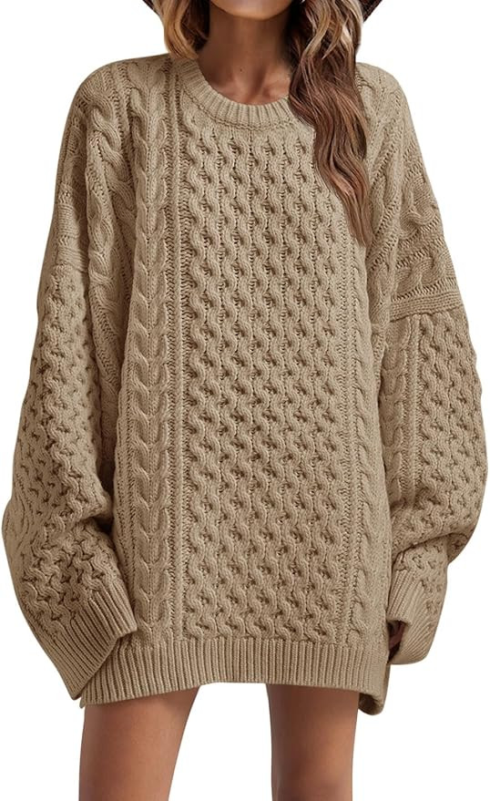 Saodimallsu Womens Oversized Sweaters Chunky Cable Knit Crewneck Long Sleeve Loose Tunic Mini Swe... | Amazon (US)