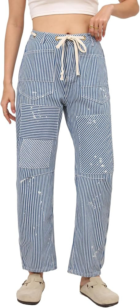 Kedera Women Striped Barrel Jeans Casual Loose Denim Jeans Wide Leg Baggy Pants Mid Waist Boyfrie... | Amazon (US)