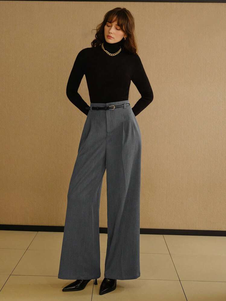MOTF STUDIO SOLID ZIPPER FLY SLANT POCKET FOLD PLEATED WIDE LEG SUIT PANTS WITH BELT | SHEIN